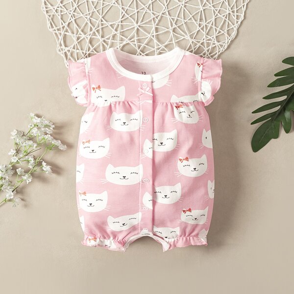 

Baby Girl Allover Cartoon Cat Print Romper, Multicolor