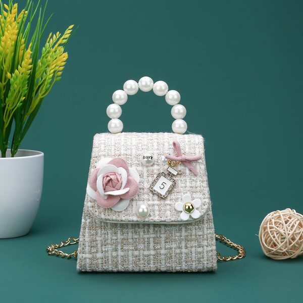 

Girls Faux Pearl Beaded Floral Applique Chain Bag, Beige