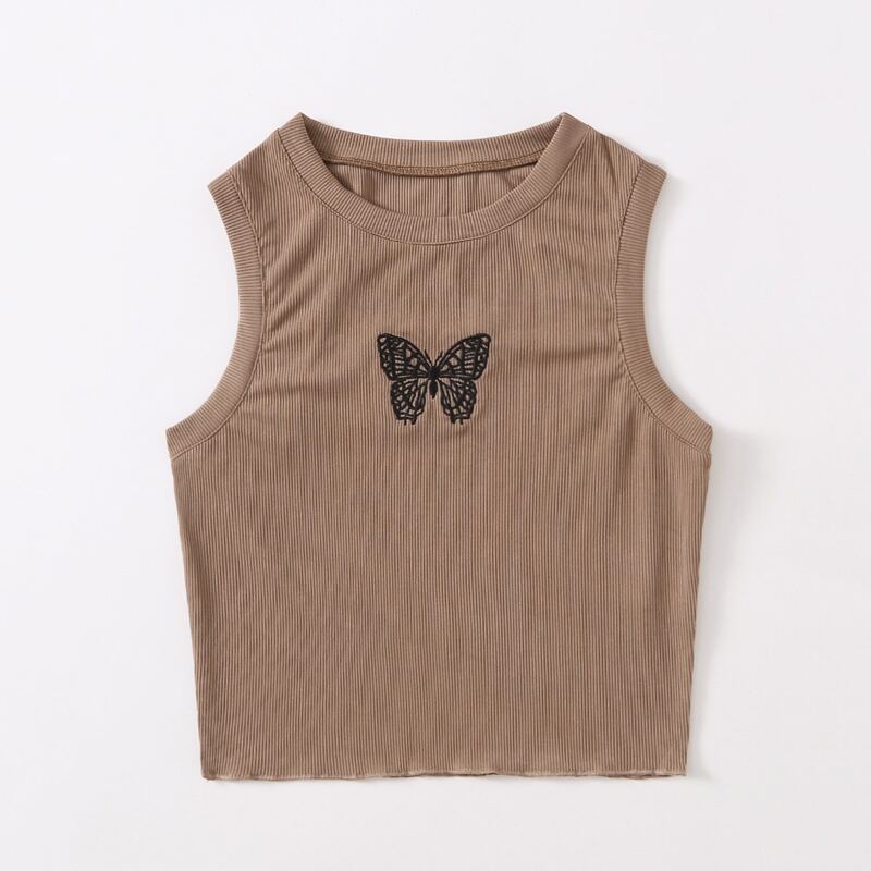 

Butterfly Embroidery Ribbed Tank Top, Coffee brown