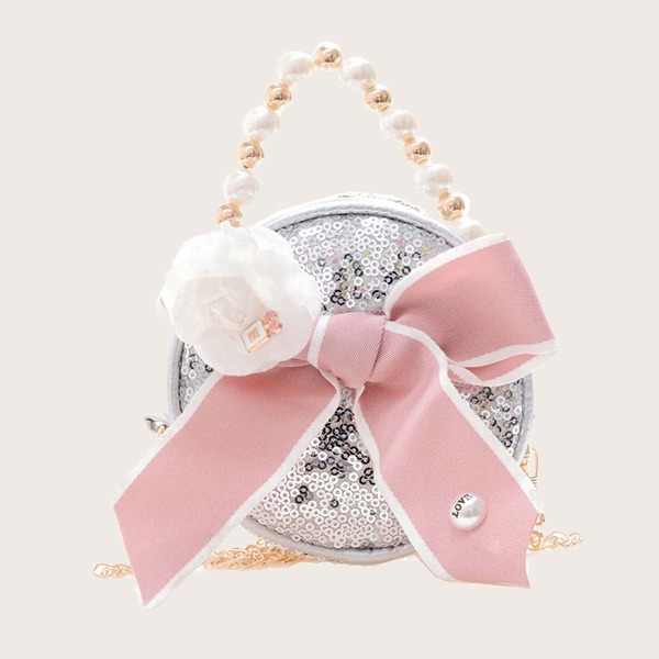 

Girls Bow Decor Sequin Circle Bag, Silver
