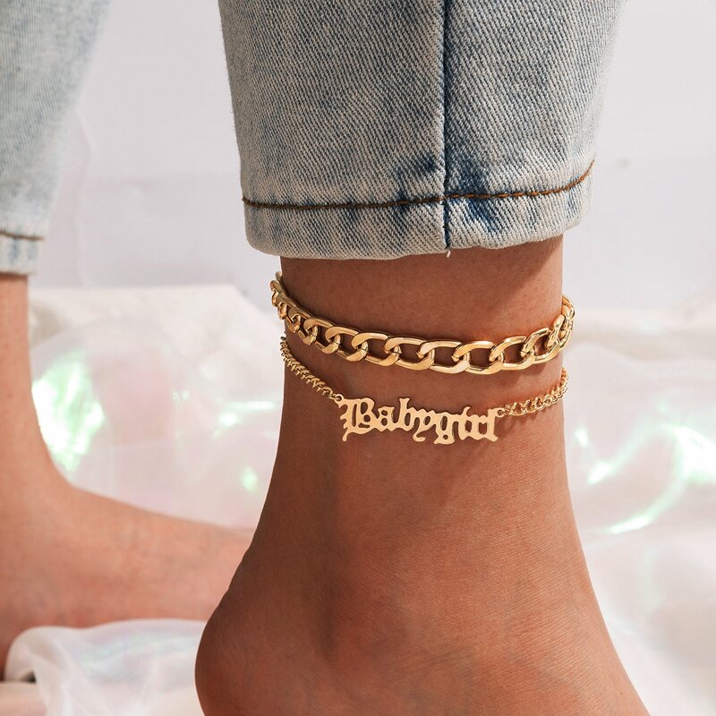 

2pcs Letter Chain Anklet, Gold