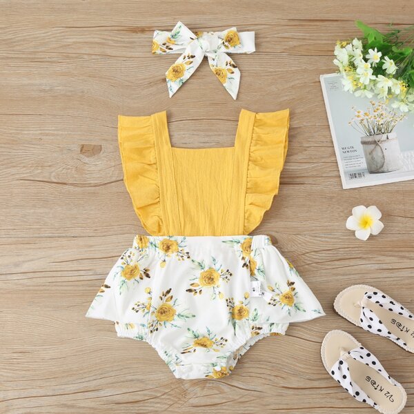 

Baby Girl Ruffle Trim Floral Bodysuit With Headband, Multicolor