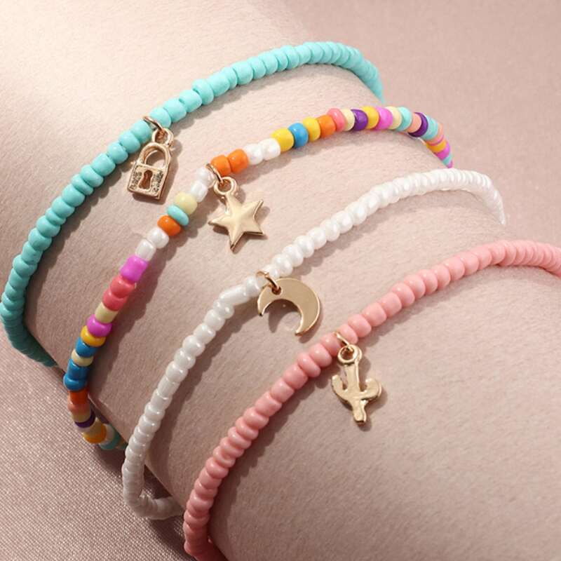 

4pcs Star & Moon Beaded Anklet, Multicolor