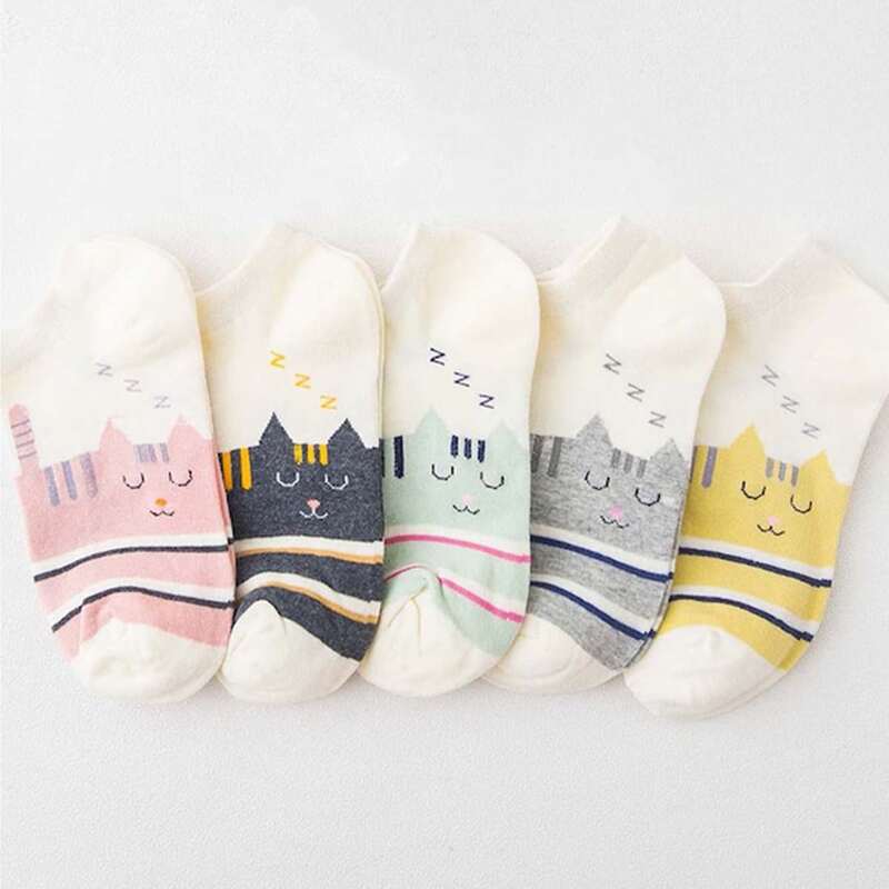 

5pairs Cartoon Cat Ankle Socks, Multicolor