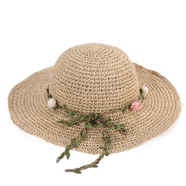 

Flower Decor Straw Hat, Beige