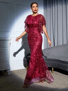 Vestido Bordado Liso Glamour - Rosa Roja - Ver 3