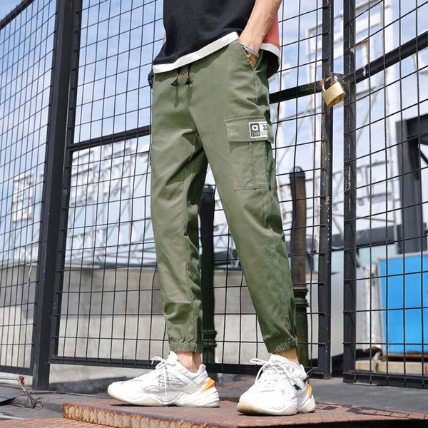 

Men Flap Pocket Drawstring Pants, Army green