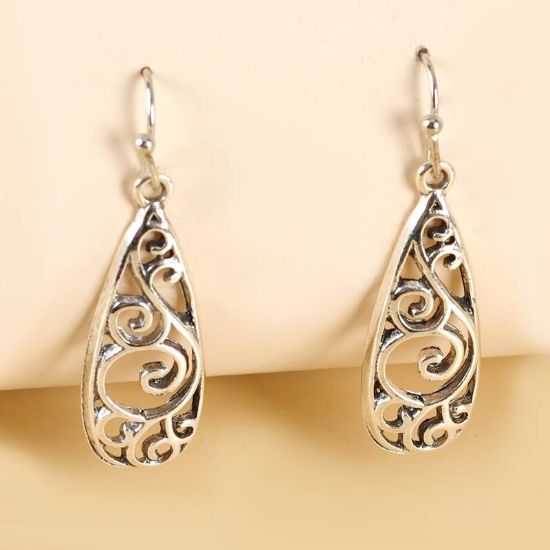 

Hollow Out Flower Drop Earrings, Antique silver