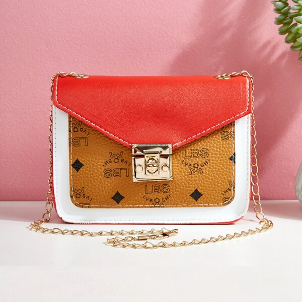 

Letter Graphic Color Block Twist Lock Chain Bag, Red
