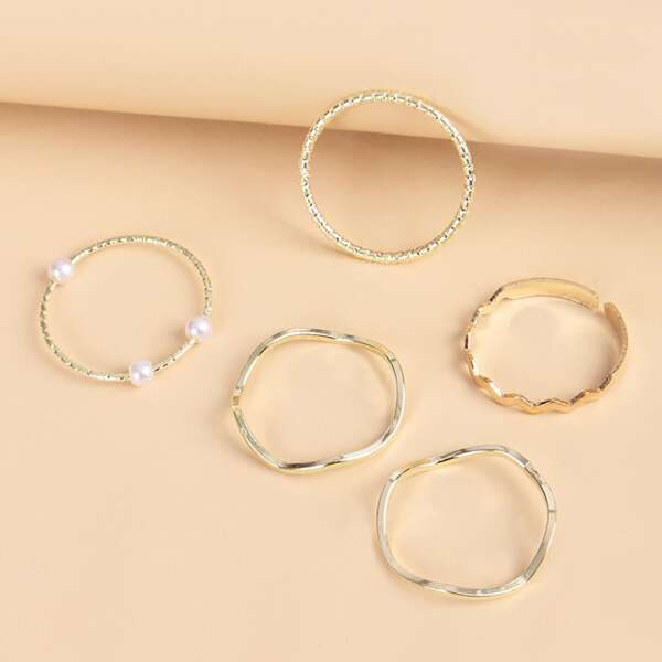 

5pcs Faux Pearl Detail Ring, Gold