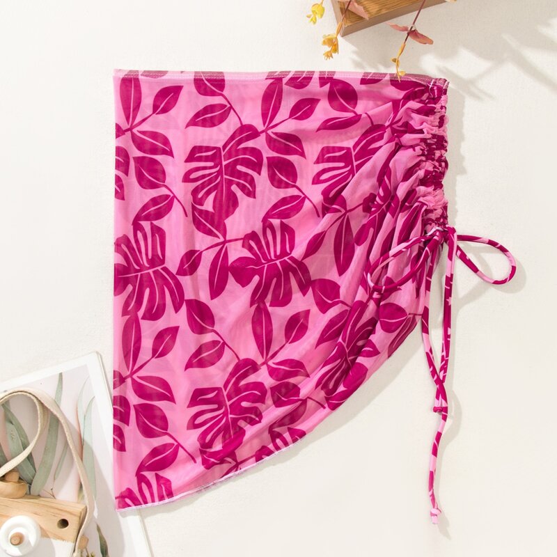

Random Tropical Print Drawstring Cover Up, Hot pink