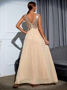 Modelyn Contrast Sequin Plunge Neck Prom Dress - Champagne - View 2