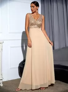 Modelyn Contrast Sequin Plunge Neck Prom Dress - Champagne - View 4