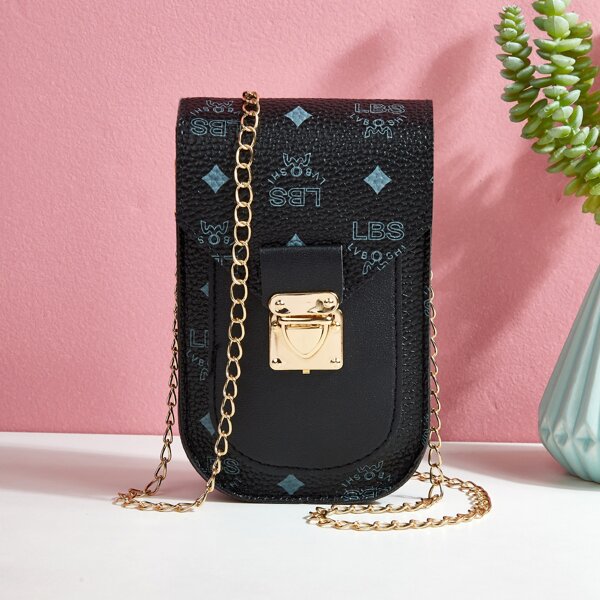 

Letter Graphic Push Lock Chain Bag, Navy blue