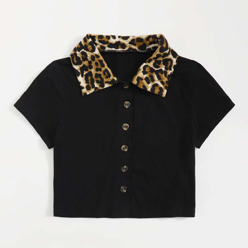 

Contrast Leopard-collar Button Front Tee, Black