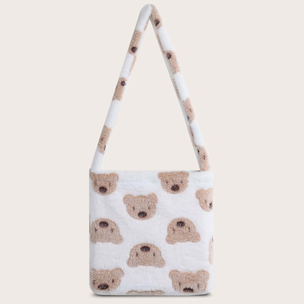 

Cartoon Bear Pattern Fluffy Shoulder Bag, White