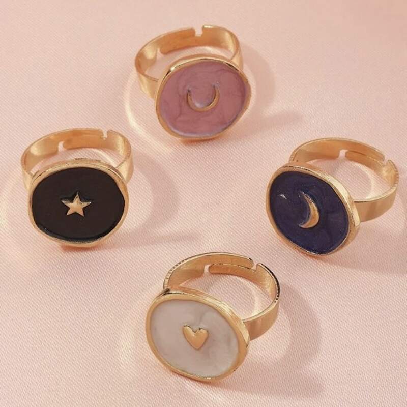 

4pcs Star & Moon Ring, Multicolor
