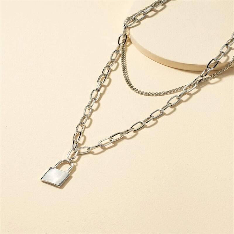 

Lock Layered Chain Necklace, Silver