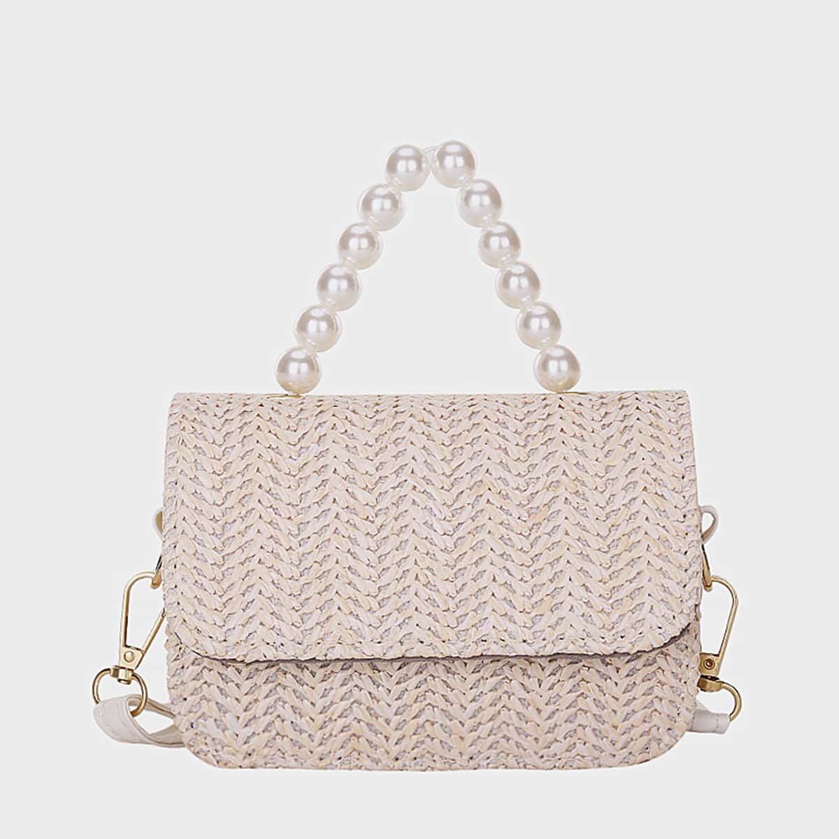 

Faux Pearl Straw Satchel Bag, Beige