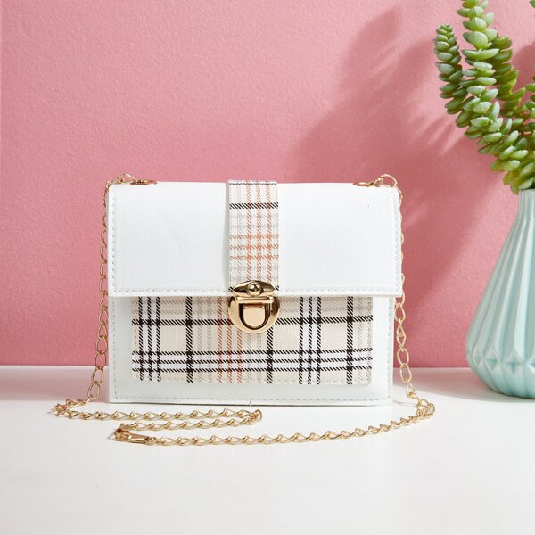 

Plaid Push Lock Chain Bag, Beige