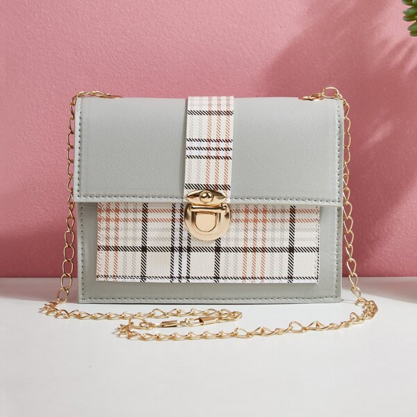 

Plaid Push Lock Chain Bag, Light grey