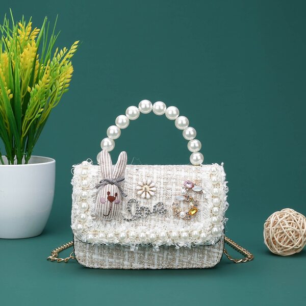 

Girls Faux Pearl Beaded Floral Applique Chain Bag, Beige