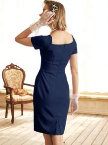 MIUSOL Sweetheart Neck Zip Back Slit Hem Dress - Navy Blue - View 2