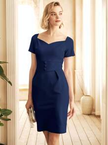 MIUSOL Sweetheart Neck Zip Back Slit Hem Dress - Navy Blue - View 4