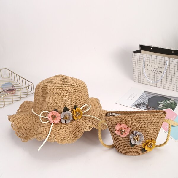 

Girls Applique Straw Bucket Bag With Hat, Coffee brown