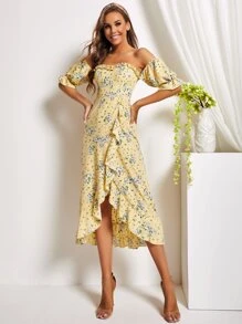 露肩荷葉邊圍裹下擺花卉連衣裙 - 彩色 - 查看 1