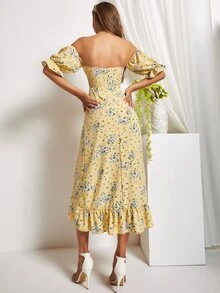 露肩荷葉邊圍裹下擺花卉連衣裙 - 彩色 - 查看 2