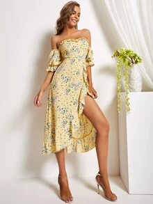 露肩荷葉邊圍裹下擺花卉連衣裙 - 彩色 - 查看 3