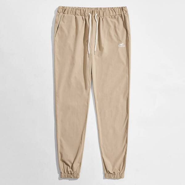

Men Drawstring Waist Letter Graphic Pants, Khaki