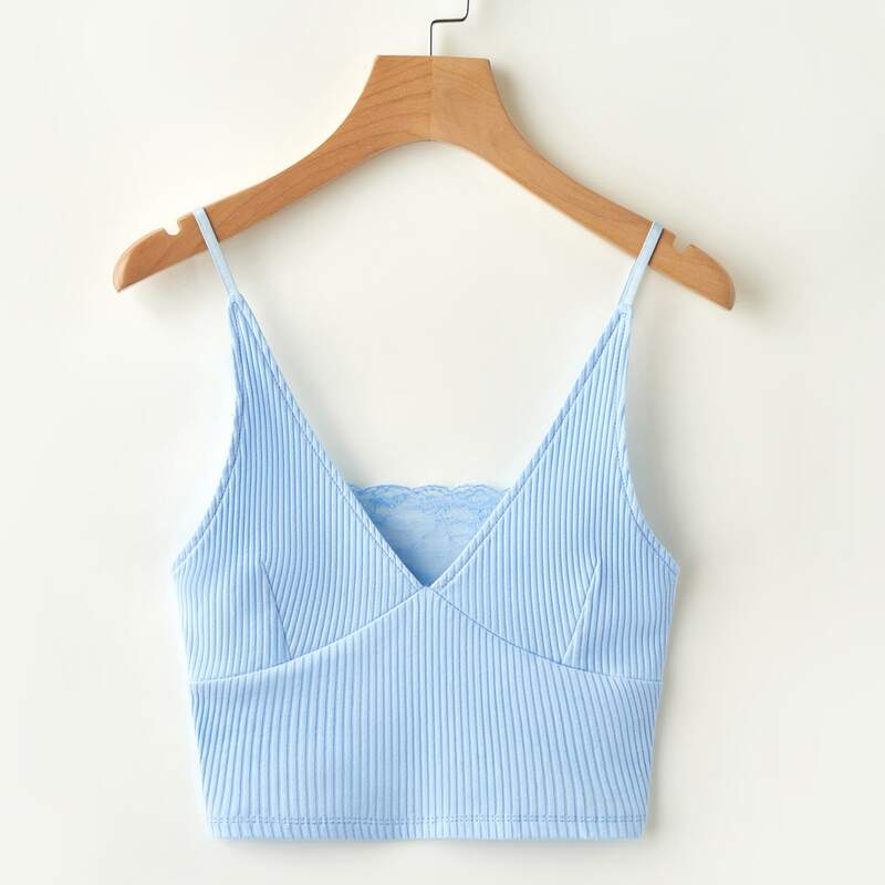 

Contrast Lace Ribbed Cami, Baby blue