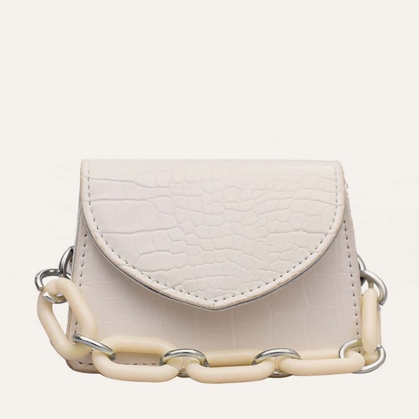 

Mini Croc Embossed Chain Satchel Bag, White