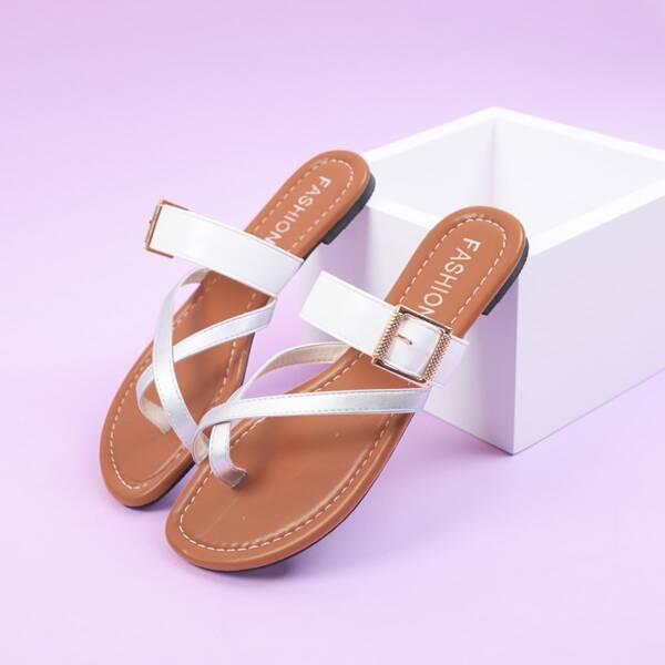 

Metallic Cross Strap Thong Sandals, White