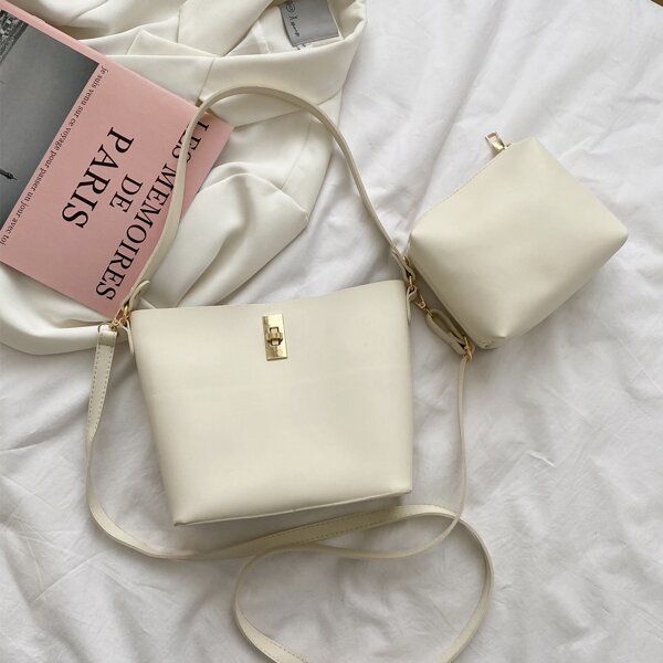 

Twist Lock Minimalist Bucket Bag, Beige