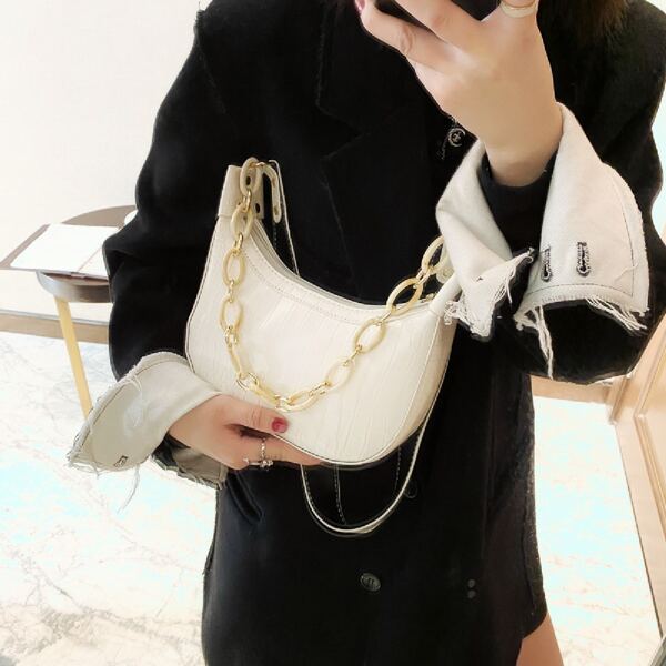 

Minimalist Croc Embossed Chain Shoulder Bag, White