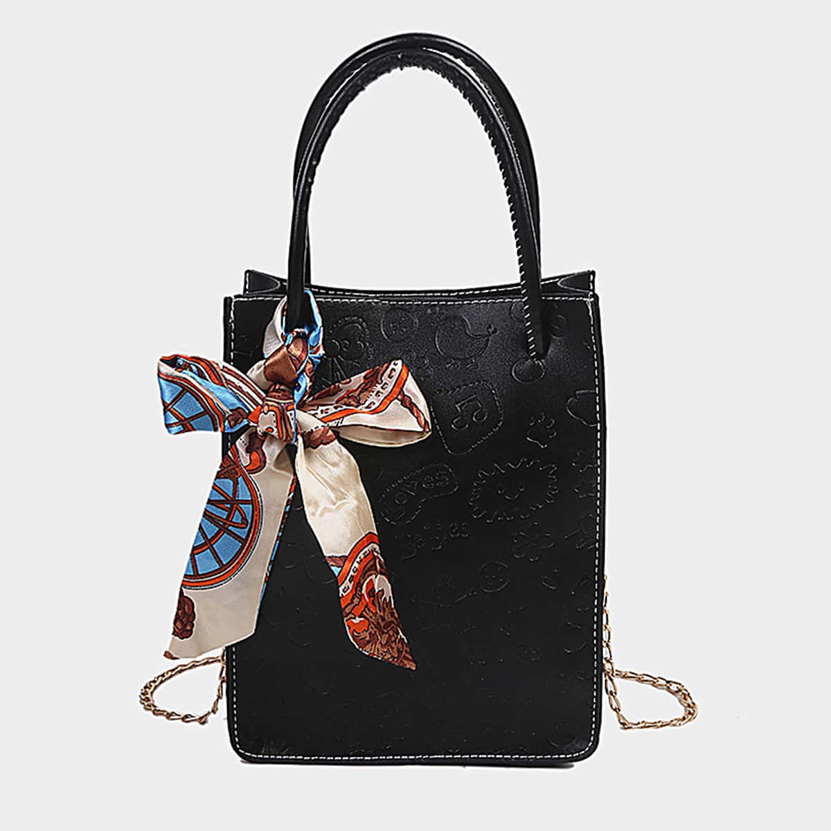 

Cartoon Embossed Chain Satchel Bag, Black