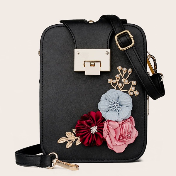 

Floral Applique Crossbody Bag, Black