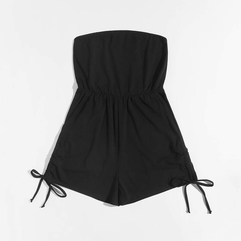 

Solid Drawstring Tube Romper, Black