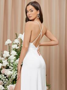SHEIN Belle Crisscross Backless Ruched Split Thigh Cami Dress - White - View 3