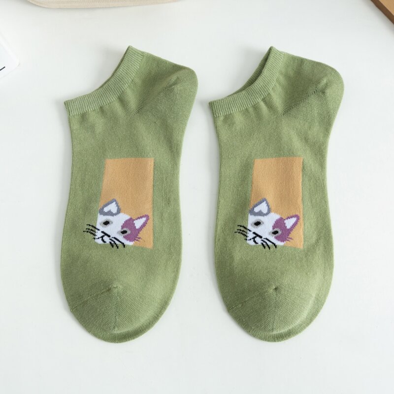 

Cartoon Cat Ankle Socks, Green
