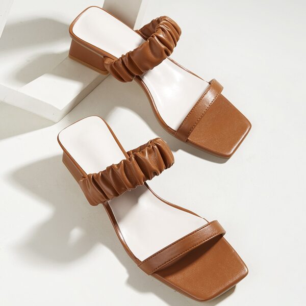 

Ruched Block Heeled Mule Sandals, Brown