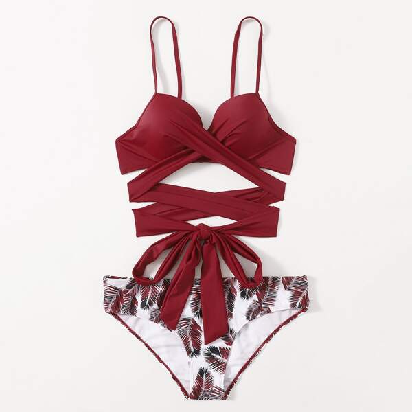 

Maternity Palm Leaf Print Bikini Swimsuit, Red and white