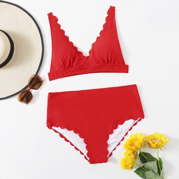 

Maternity Scallop Trim High Waisted Bikini Swimsuit, Red