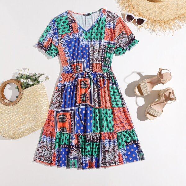 

Plus Paisley And Patchwork Print Ruffle Hem Dress, Multicolor