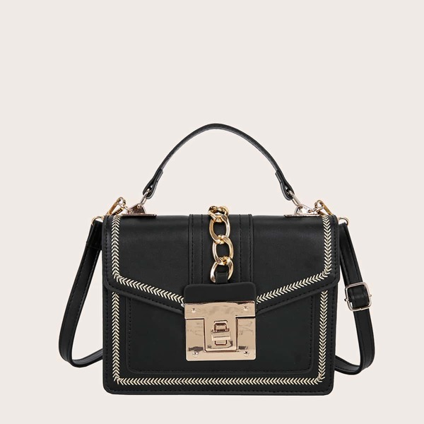 

Chain Decor Top Handle Satchel Bag, Black