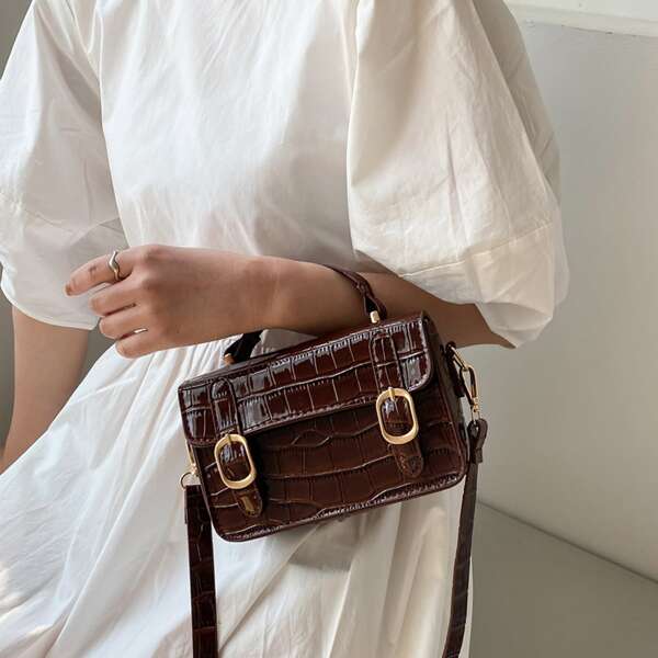 

Buckle Decor Croc Embossed Satchel Bag, Coffee brown