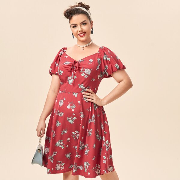 

Plus Floral Print Sweetheart Neck Dress, Rose red